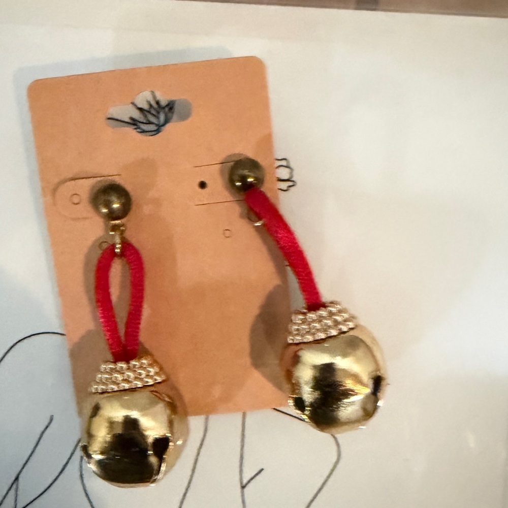 Elegant Gold and Red Drop  Christmas Bells Earrings